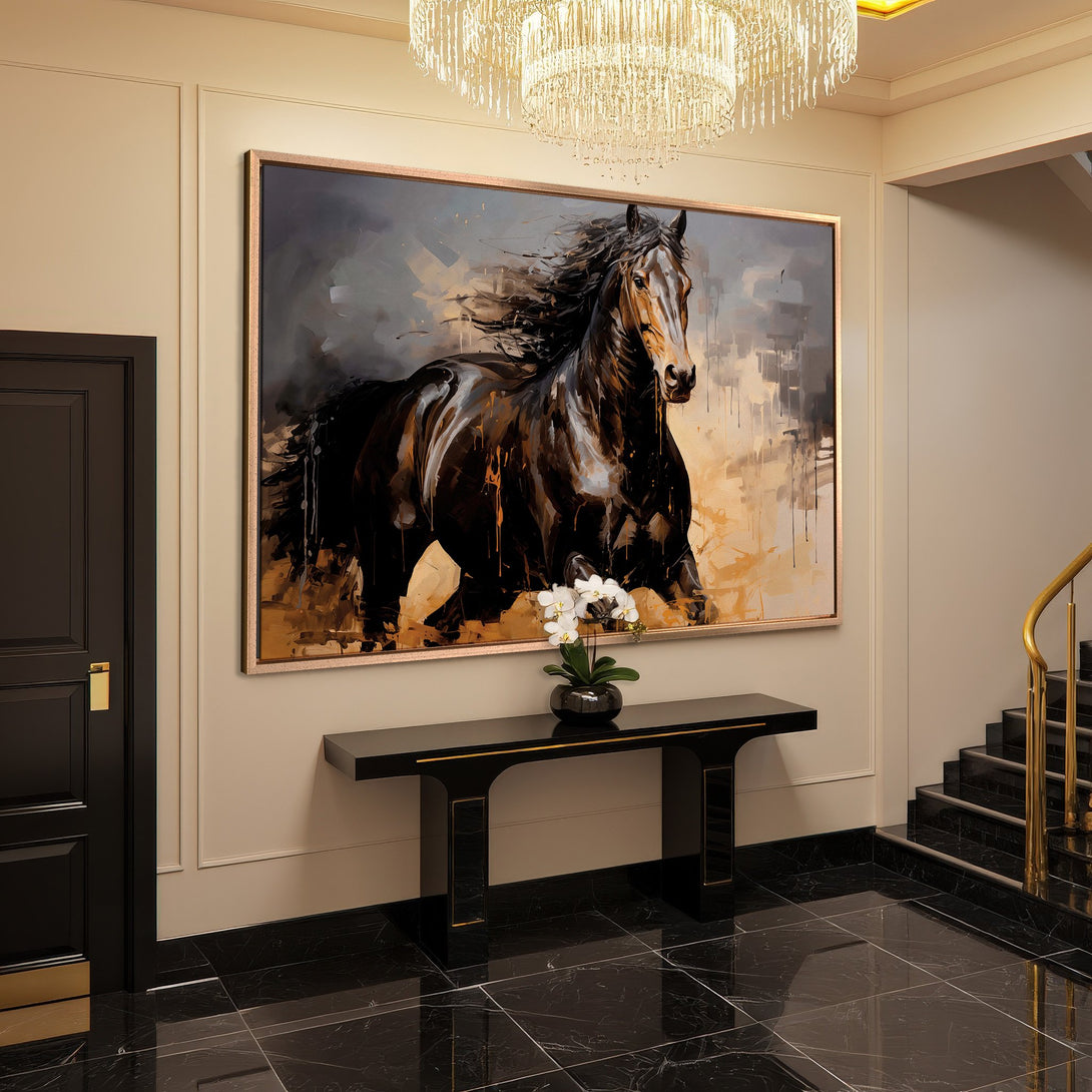 Framed Wall Art: Dramatic horse painting in a modern style, featuring a black, brown, and gold color palette. Perfect for luxury home decor.