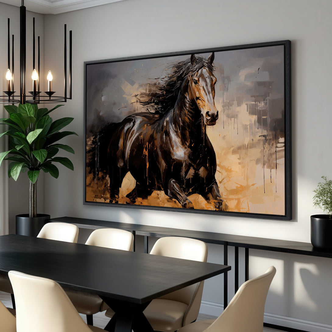 Framed Wall Art: Stunning horse painting in a modern style with a warm, neutral color palette. Perfect for adding elegance to your dining room.