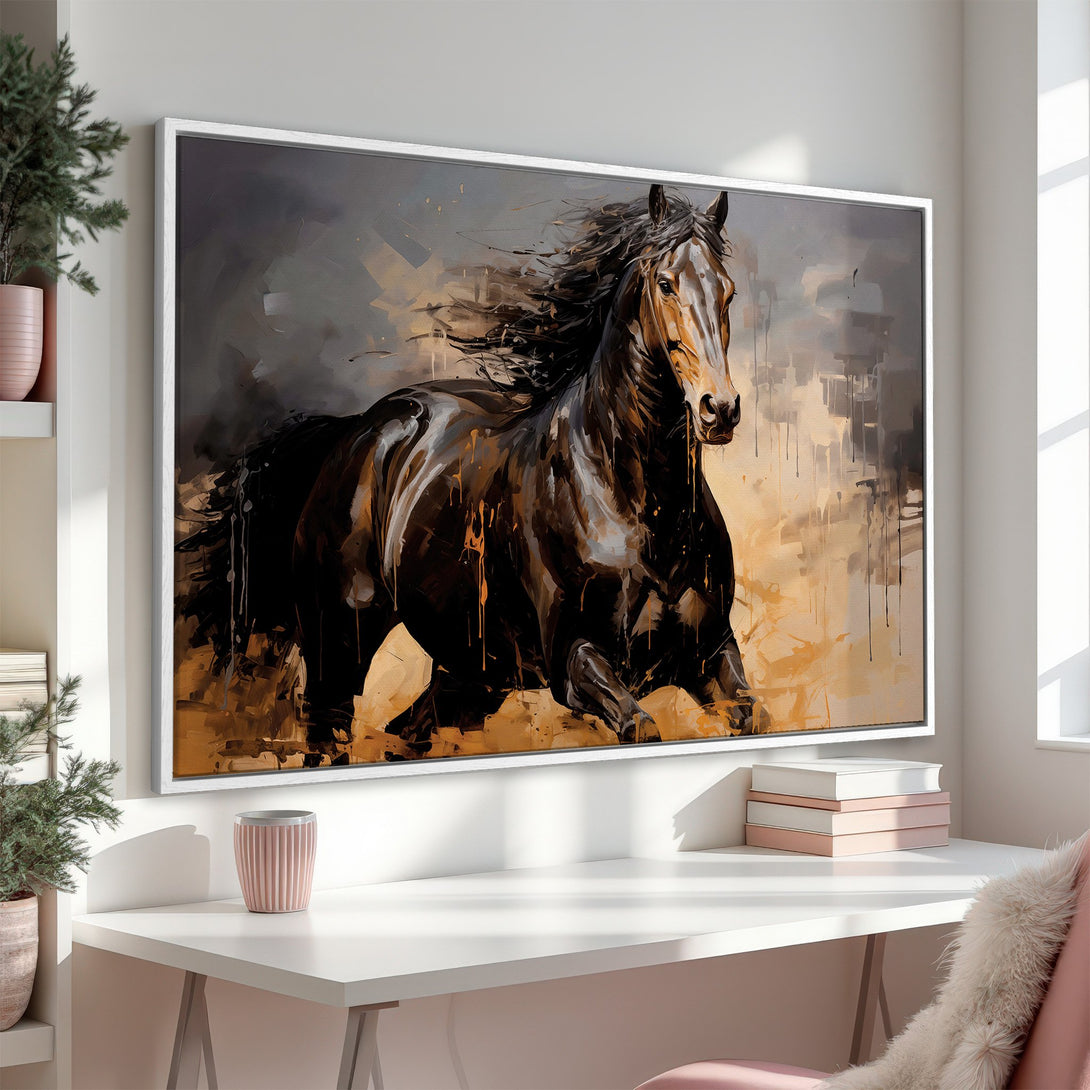 Framed Wall Art: Dynamic horse painting in abstract style with a warm, earthy color palette. Perfect for adding a touch of elegance to your home decor.