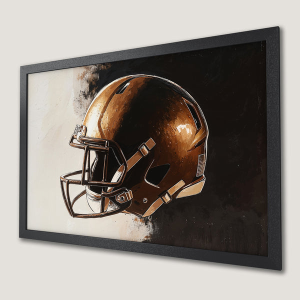 Framed Poster of a football helmet, abstract art style in a brown, black, and beige color palette. Perfect wall decor for sports fans.