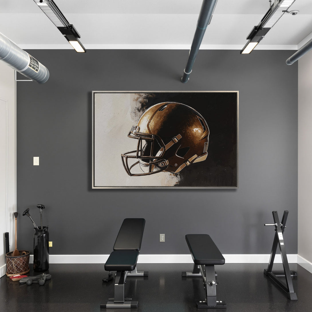 Framed Wall Art of a football helmet in a modern style, featuring a neutral color palette with black, white, and bronze tones. Perfect for sports fans!