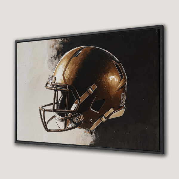 Framed Wall Art: Abstract football helmet art in brown and black tones. Modern canvas print for sports fans. Perfect wall decor for any room.