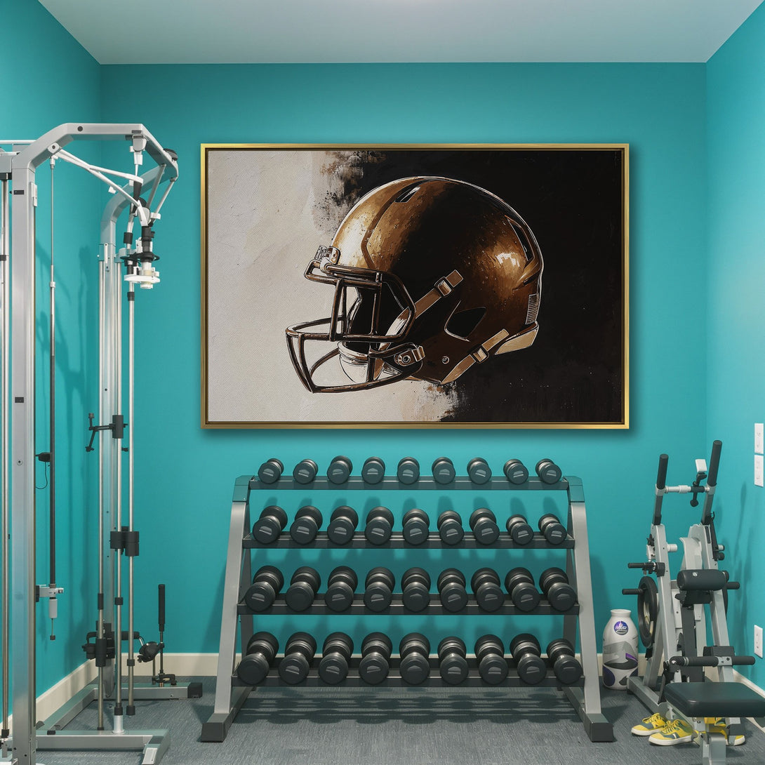 Canvas Print featuring a football helmet in a modern, abstract style with a brown and black color palette. Perfect wall art for sports fans!