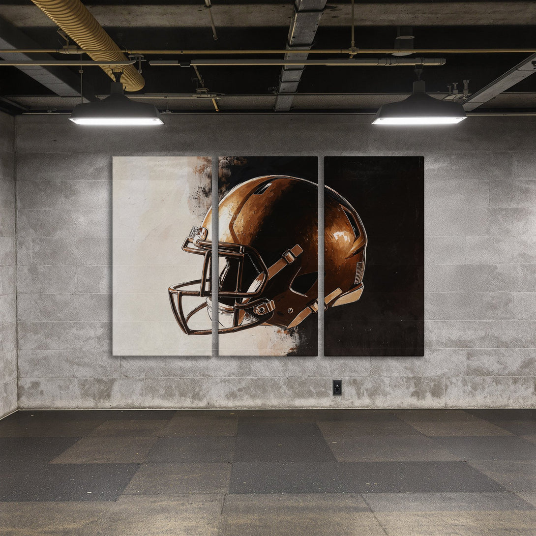 Canvas Print of a football helmet, abstract art style, with a brown and black color palette, perfect for sports fans.