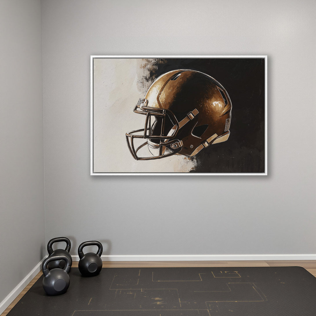 Framed Wall Art: Football helmet painting in neutral tones. Modern, abstract style with brown, black, and white palette. Perfect for sports fans!