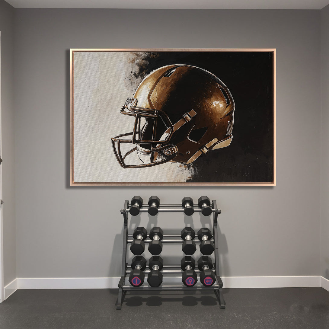 Framed Wall Art: Abstract football helmet in brown and black tones. Modern art piece with a gold frame, perfect for sports enthusiasts.