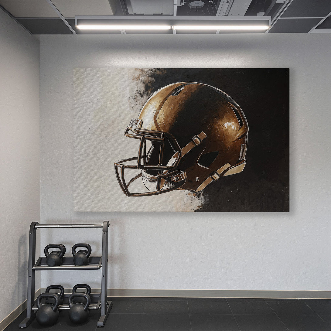 Framed Wall Art of a football helmet in a modern, abstract style. Warm brown tones against a black and white backdrop. Perfect for a home gym!