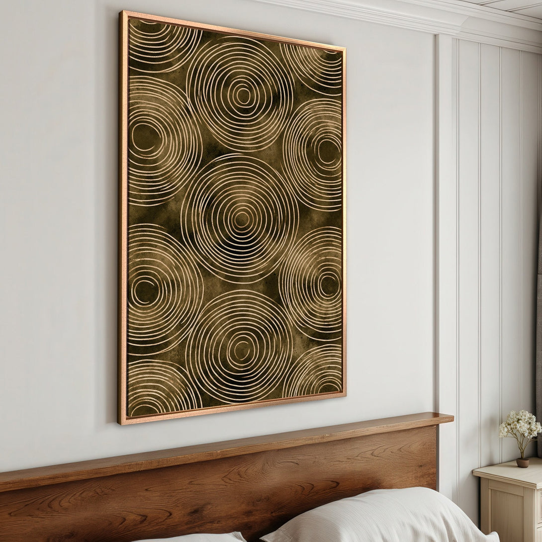 Framed Wall Art featuring abstract spiral design in gold and olive green tones. Perfect for adding a touch of modern elegance to your bedroom decor.