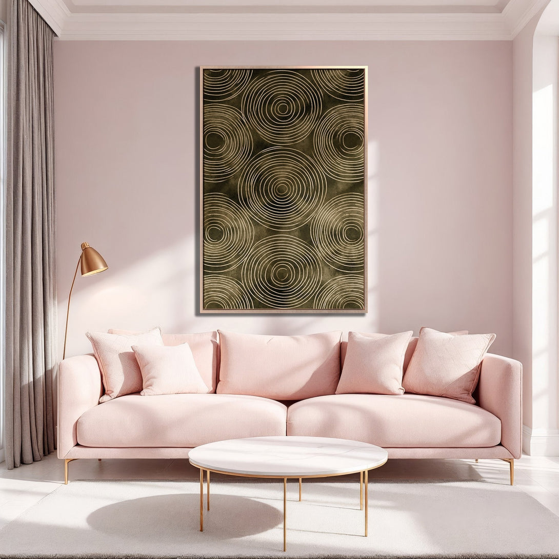Framed Wall Art: Modern abstract circles in gold & dark green. Stylish canvas print adds elegance to any space. Soft pink interior design inspiration.
