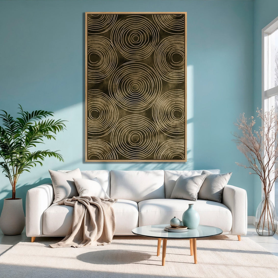 Framed Wall Art featuring abstract gold spiral design. Modern decor with neutral and teal color palette. Perfect for living room or bedroom.