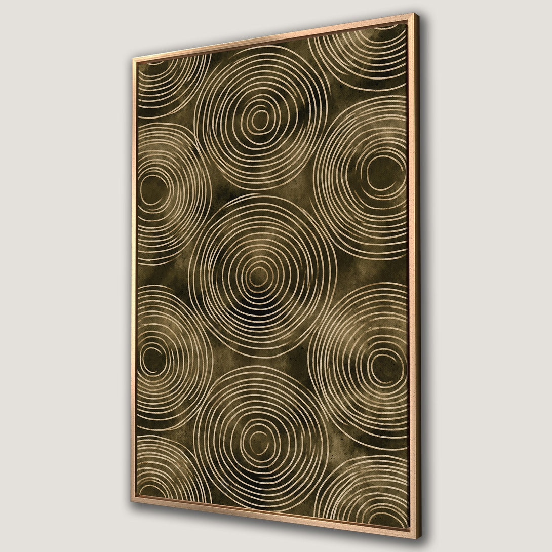 Framed Wall Art featuring abstract spiral design in earthy tones. Enhance your space with this modern canvas print in a gold and olive color palette.