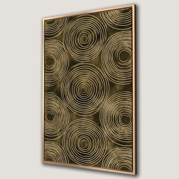 Framed Wall Art featuring abstract spiral design in earthy tones. Enhance your space with this modern canvas print in a gold and olive color palette.