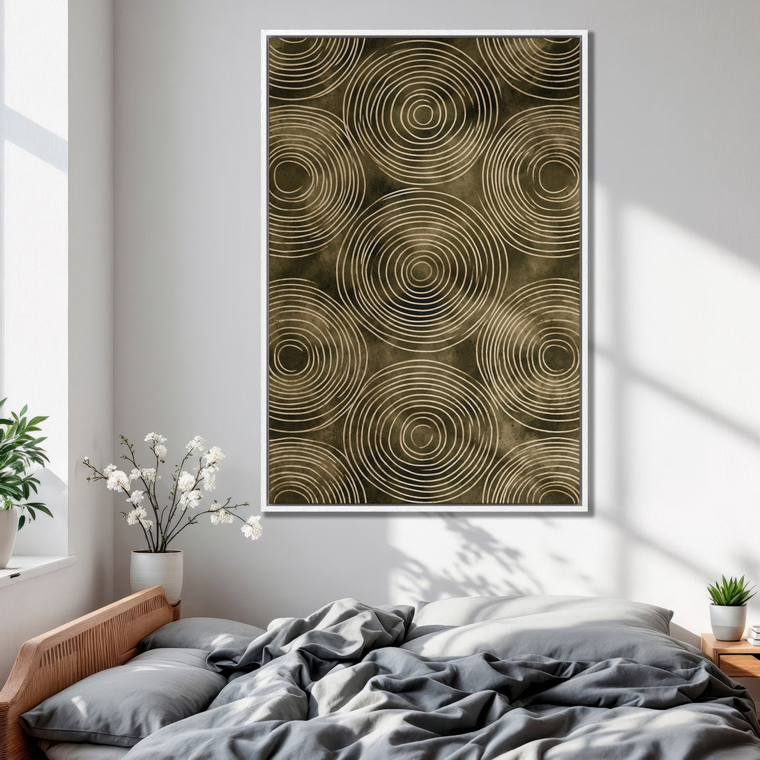 Framed Wall Art featuring abstract spiral design in earthy tones. Modern bedroom decor with neutral color palette. Elevate your space with this stylish print.