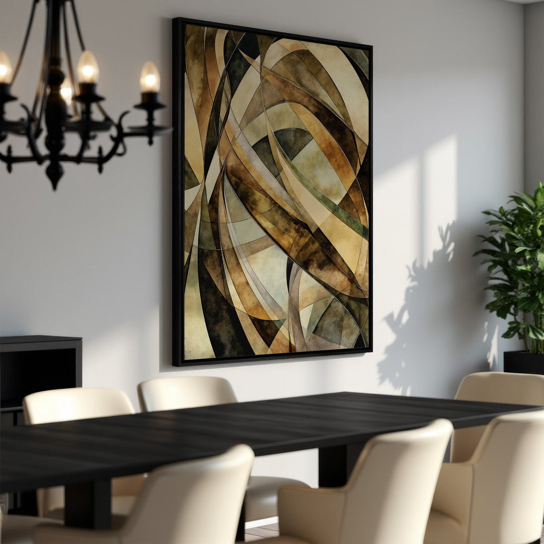 Framed Wall Art featuring an abstract geometric design in warm earth tones. Elevate your space with this stylish canvas print!