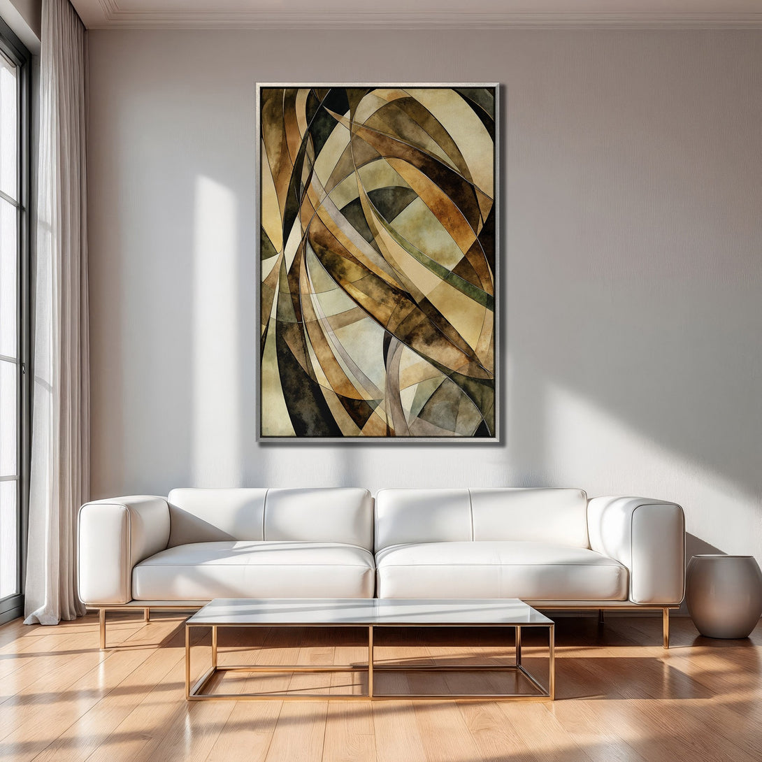 Framed Wall Art: Abstract geometric art in warm earth tones. Modern canvas print adds a touch of elegance to any living room.
