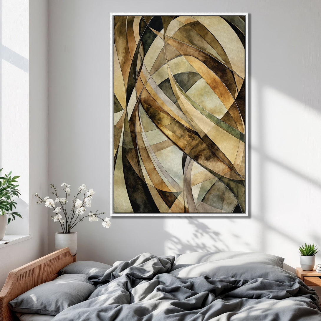 Framed Wall Art featuring an abstract geometric design in warm earth tones. Perfect for adding a touch of modern art to your bedroom decor.