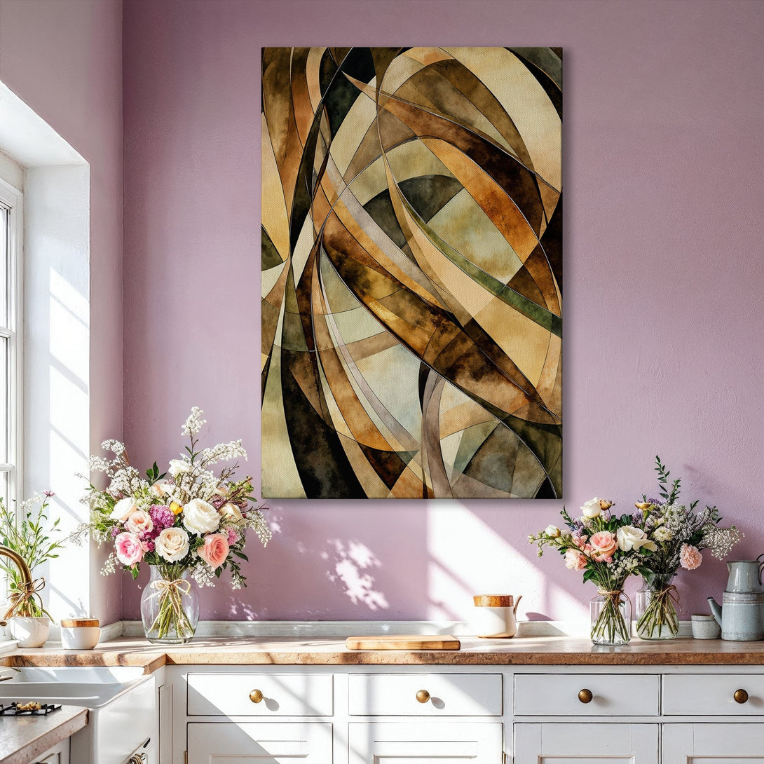 Framed Wall Art: Abstract art print with warm earth tones. Modern geometric design in a living room setting. Elevate your space with this stylish canvas print.