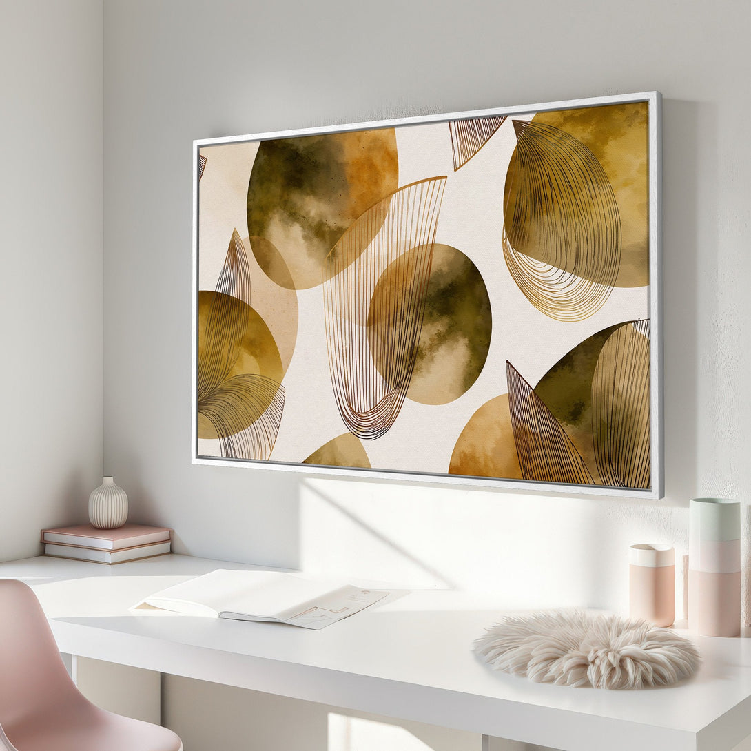 Framed Wall Art: Abstract geometric art in warm earth tones. Modern canvas print with gold and brown accents, perfect for adding style to your home decor.