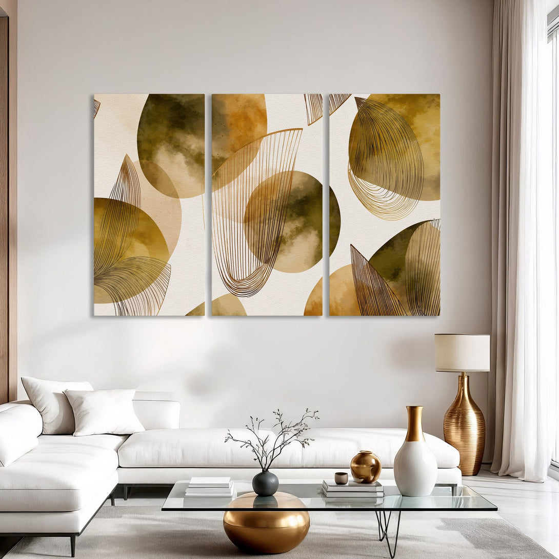 Abstract Canvas Print art in neutral tones of beige, olive, and gold. Modern wall decor for living room or bedroom.
