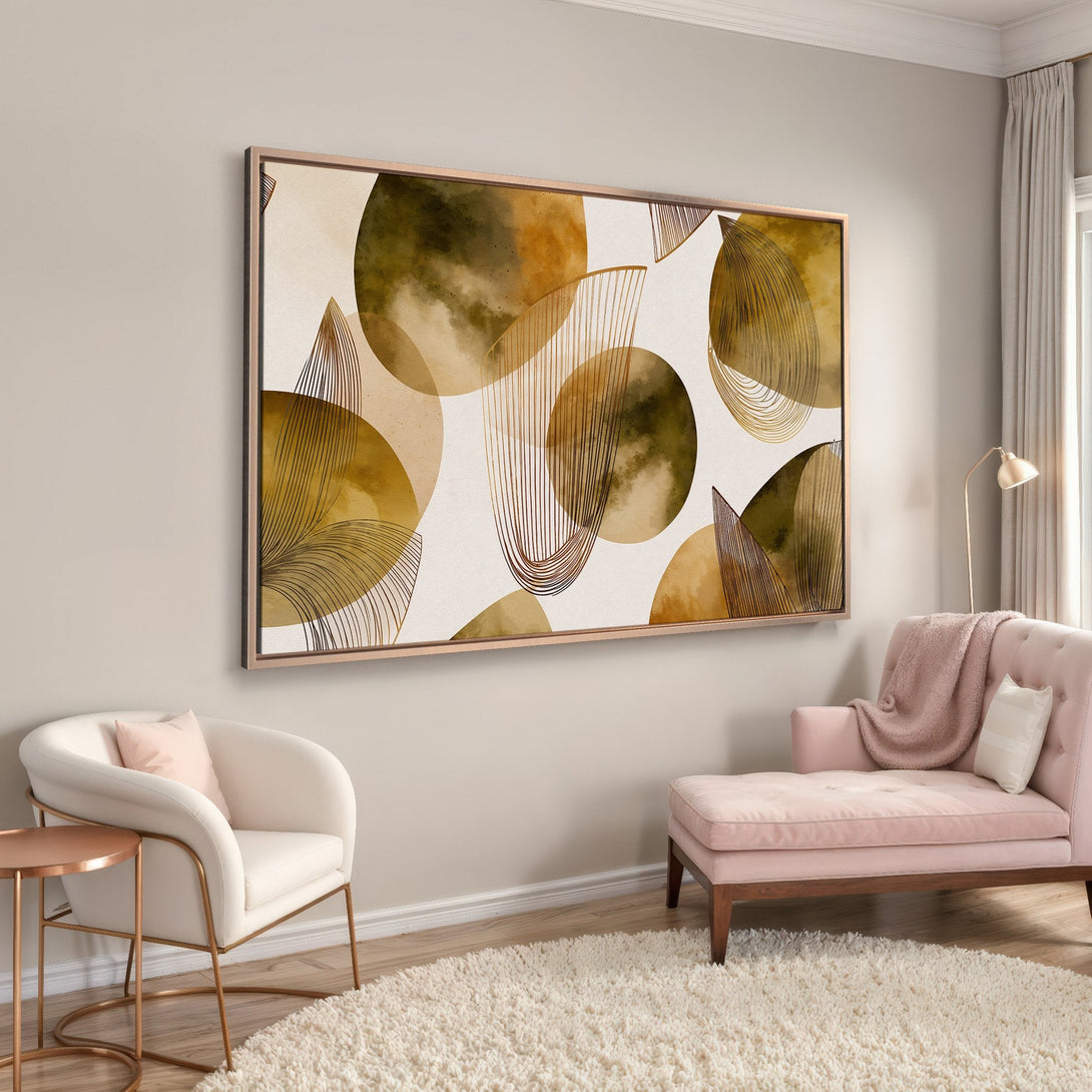 Framed Wall Art: Abstract geometric Canvas Print in warm earth tones. Modern art with gold and olive green accents, perfect for living room decor.
