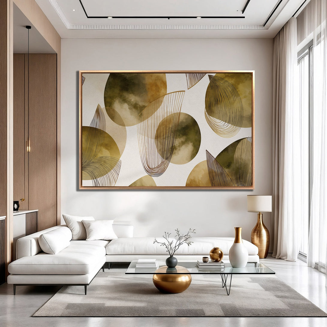 Framed Wall Art: Abstract gold and olive green artwork in a modern living room. Stylish Canvas Print with a neutral color palette to elevate your space.