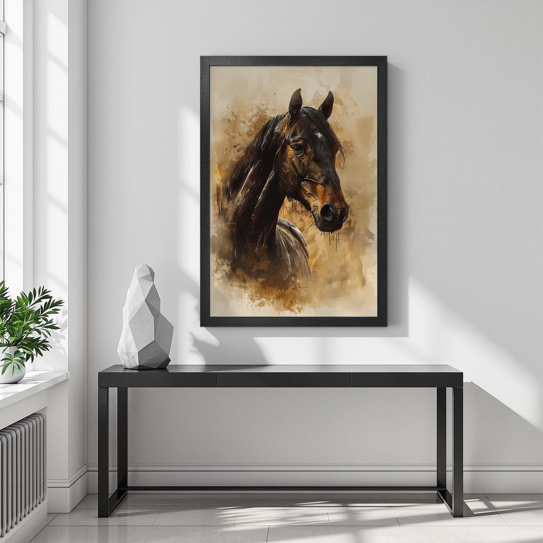 Framed Poster featuring a stunning watercolor-style horse portrait in warm brown and beige tones. Enhance your home decor with this beautiful art print.