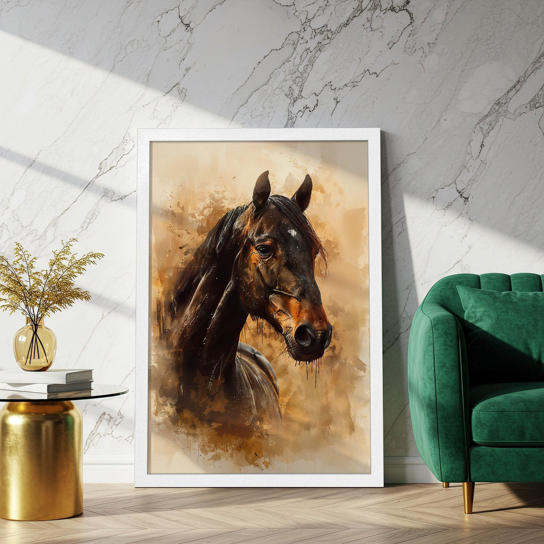 Framed Poster featuring a majestic horse portrait in watercolor style, warm brown tones. Perfect equestrian art for your home!