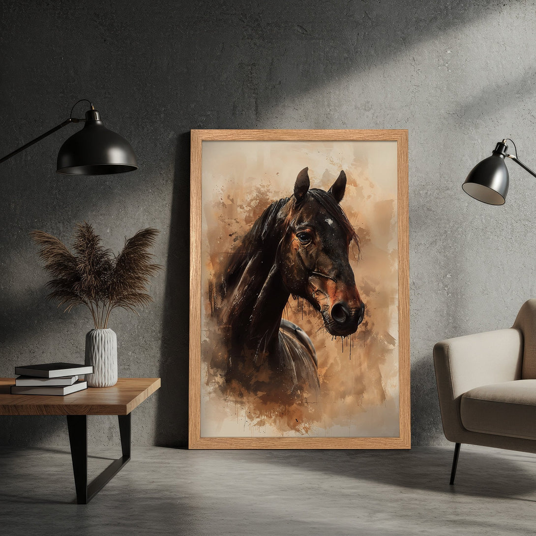 Framed Poster: Stunning horse portrait art print in watercolor style, featuring a warm brown and beige color palette. Perfect wall decor!