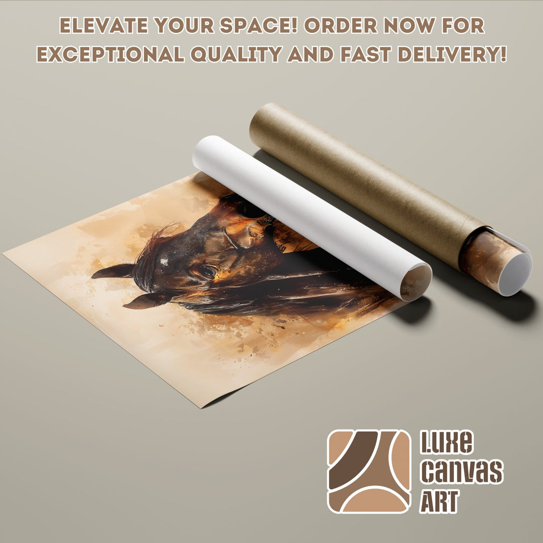 Poster Roll featuring a horse painting in warm, neutral tones. Perfect art for home decor.