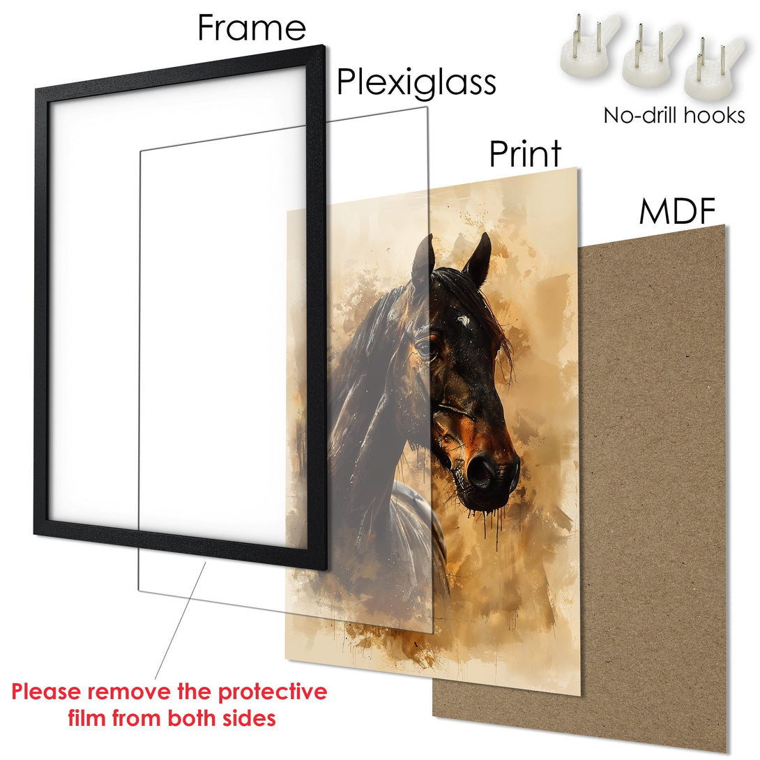 Framed Poster featuring a majestic horse in a watercolor style with a warm, earthy color palette. Perfect wall art!