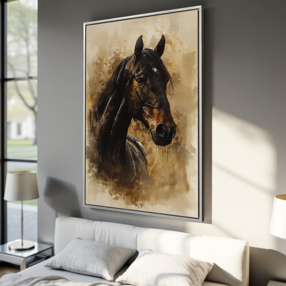 Framed Wall Art: Stunning watercolor horse portrait in warm brown tones. Perfect equestrian decor for your home. Canvas Print adds elegance to any space!
