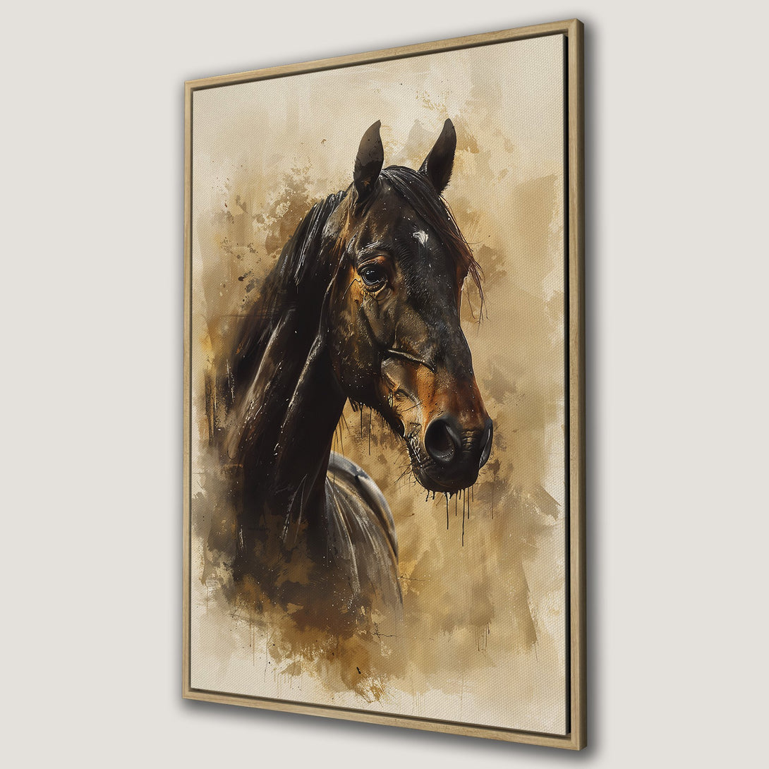 Framed Wall Art: Stunning watercolor horse portrait in warm brown and beige tones. Add equestrian elegance to your space with this beautiful canvas print.