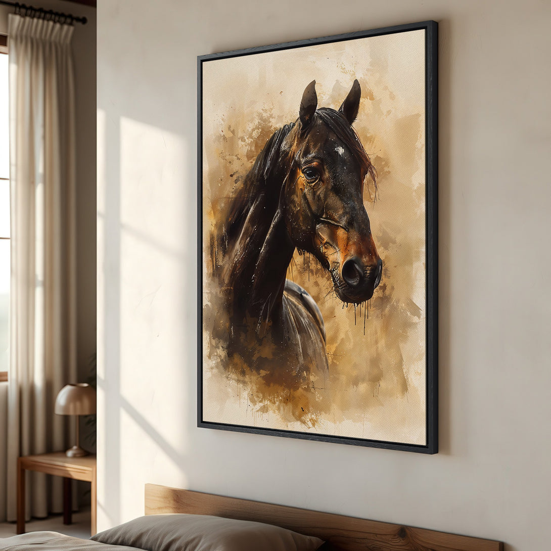 Framed Wall Art: Stunning watercolor horse portrait in warm brown tones. Perfect for adding a touch of elegance to any space. Shop now and elevate your decor!