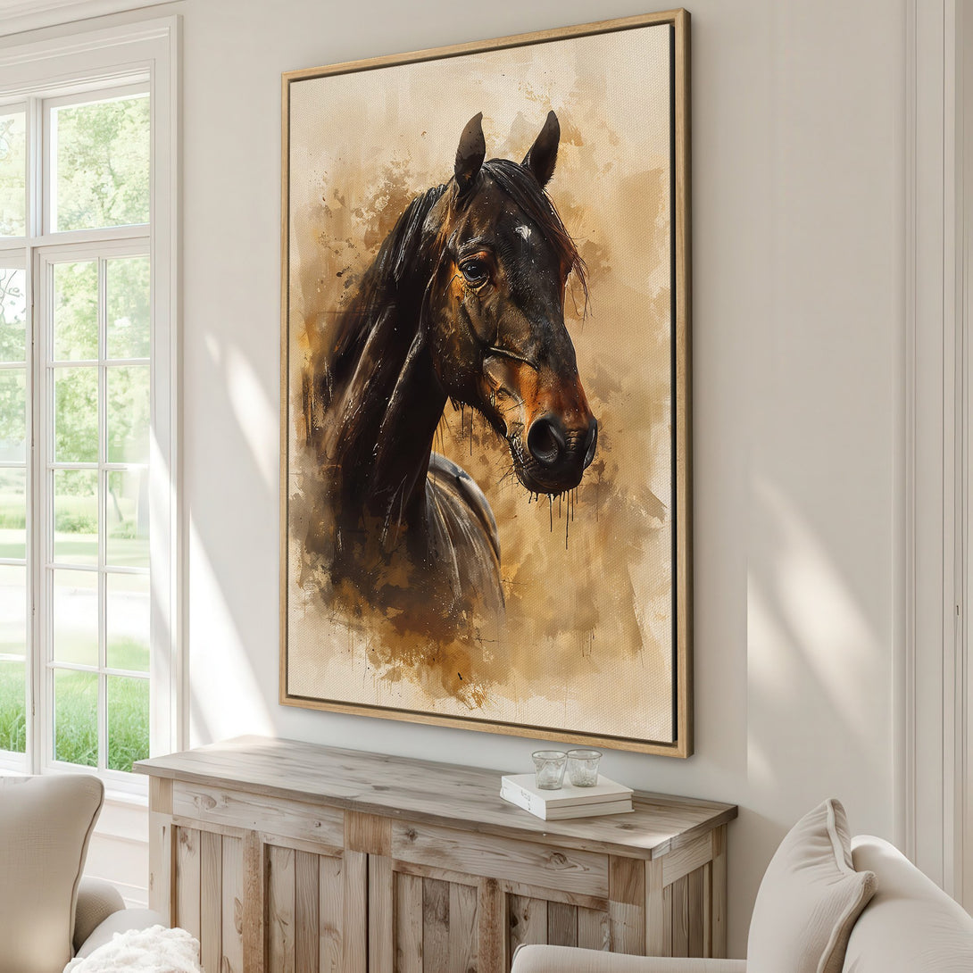 Framed Wall Art: Stunning watercolor horse portrait in warm brown tones. Perfect equestrian decor for any room. Shop now for unique art!