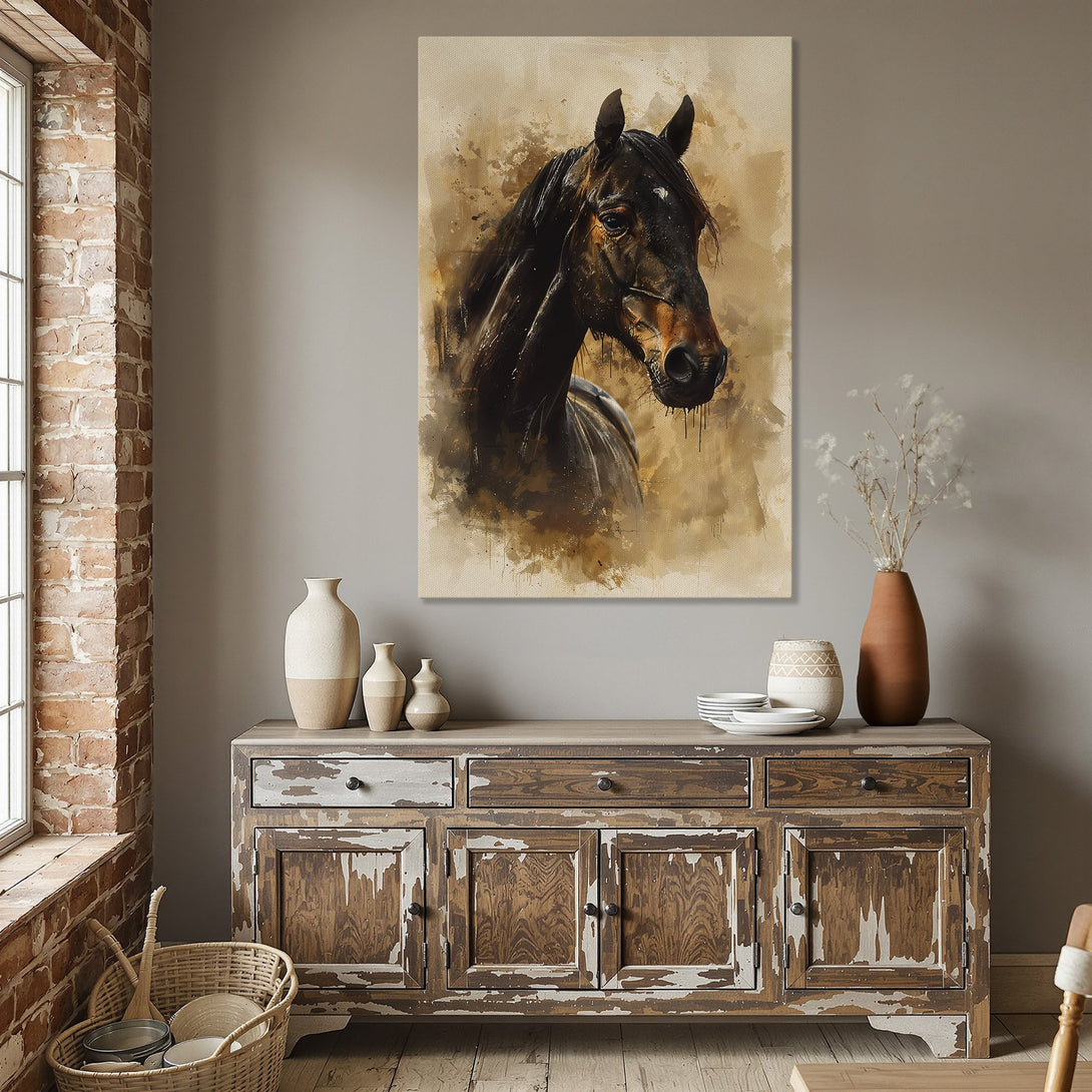 Framed Wall Art: Elegant horse portrait in watercolor style, warm earth tones. Perfect for adding a touch of sophistication to your dining room!