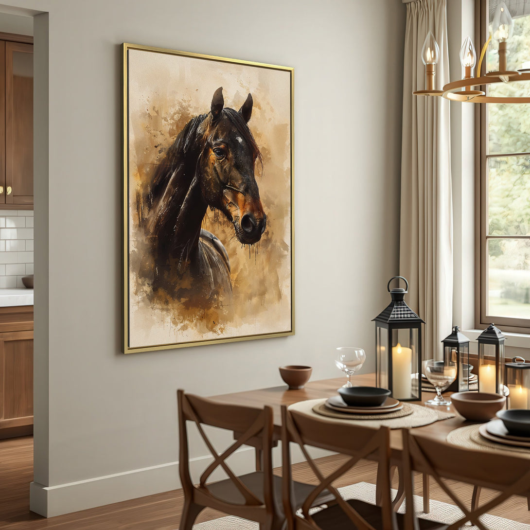 Canvas Print: Majestic horse portrait in watercolor style, warm brown and beige tones, perfect for rustic home decor.