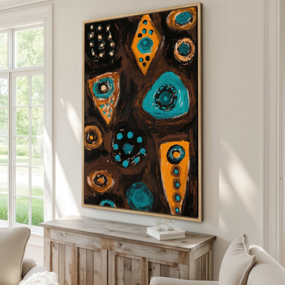 Framed Wall Art: Abstract art Canvas Print in brown, teal, and orange. Modern style artwork perfect for any home decor.