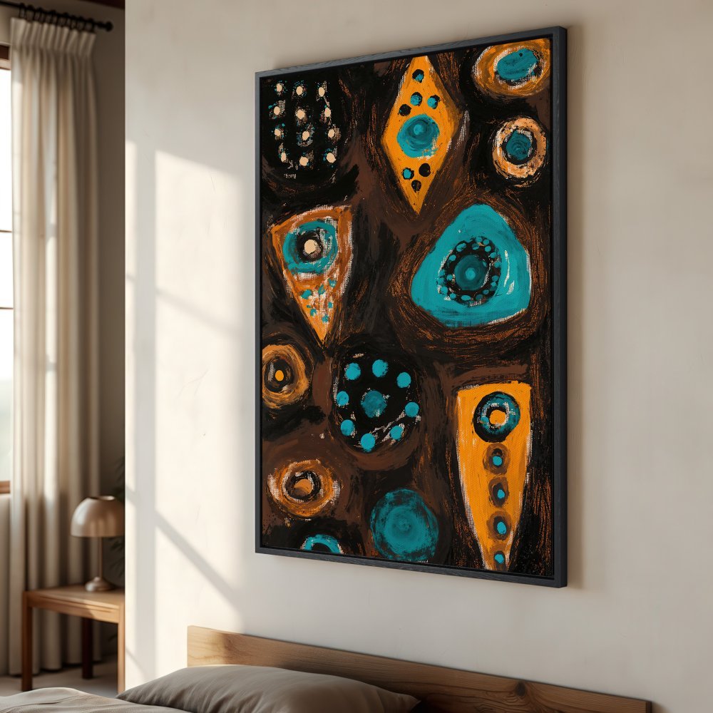 Abstract Canvas Print with geometric shapes in teal, orange, and brown. Modern framed wall art to elevate your space.
