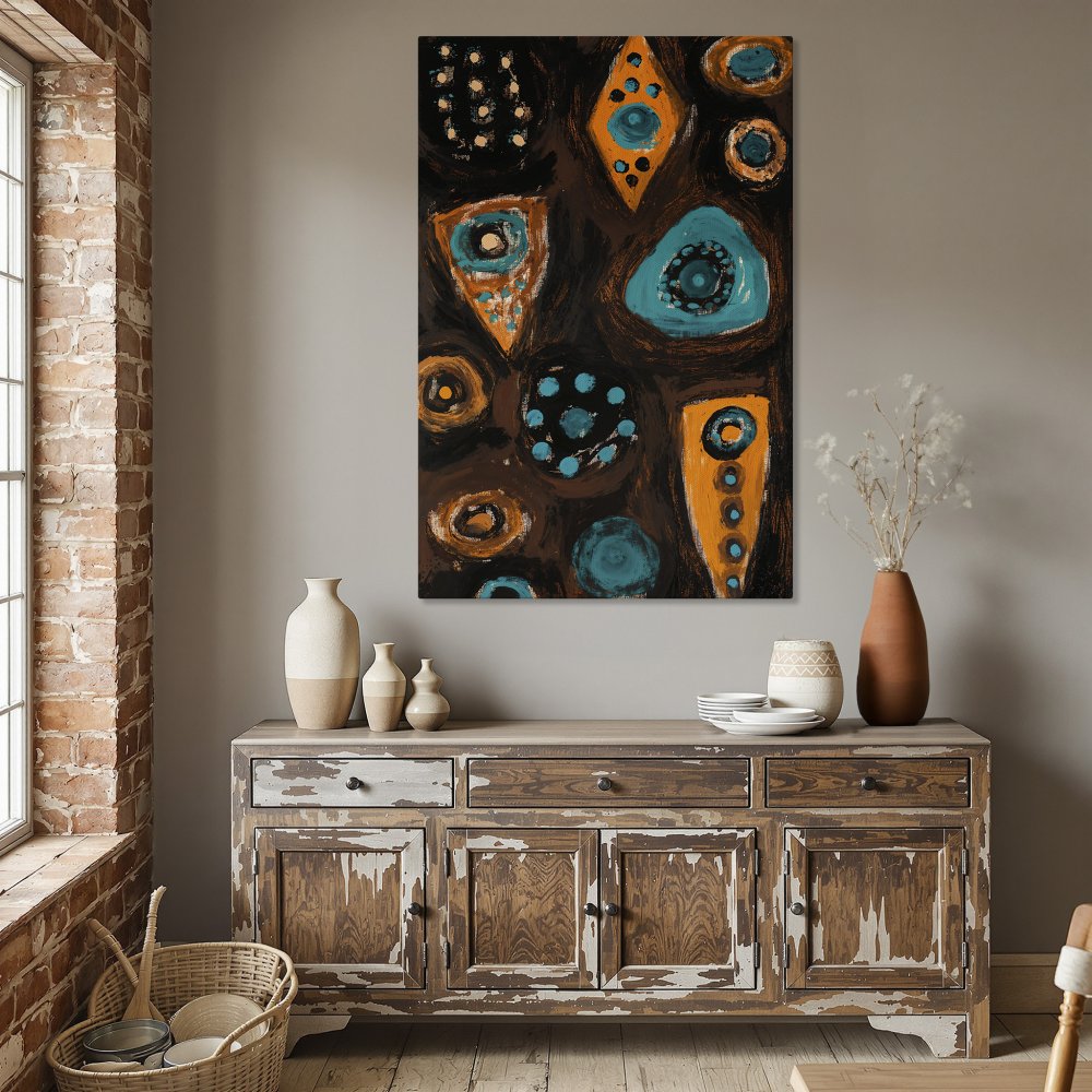 Framed Wall Art: Abstract art Canvas Print in teal, orange, and brown. Modern home decor, perfect for dining room or living room.