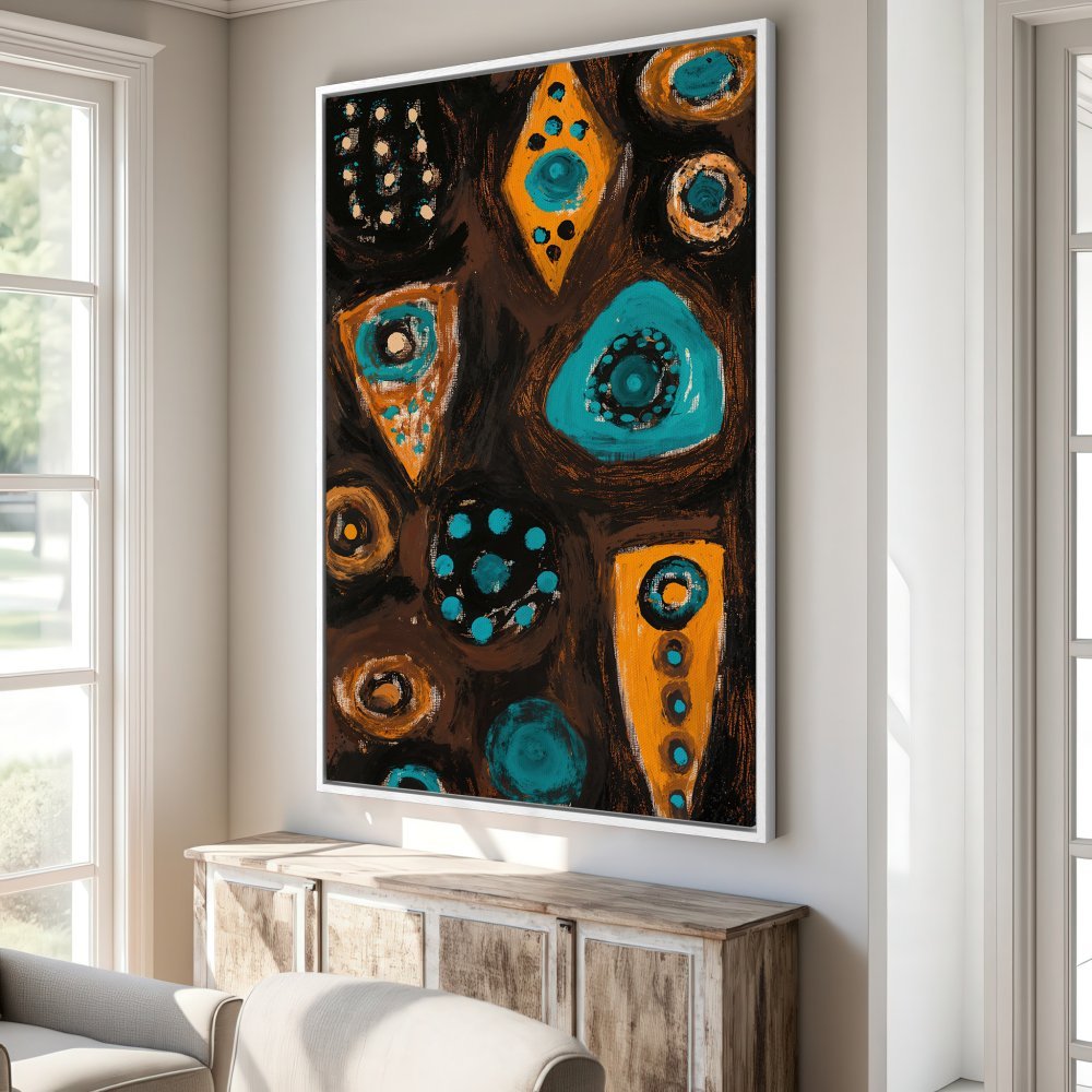 Framed Wall Art: Abstract art Canvas Print with geometric shapes in teal, orange, and brown. Modern wall decor to elevate your home!