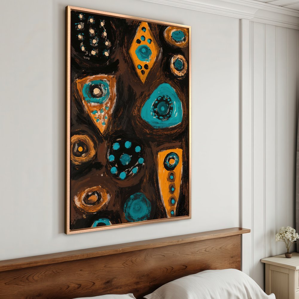 Framed Wall Art: Abstract geometric painting in teal, orange, and brown. Modern art style Canvas Print adds a pop of color to any bedroom.