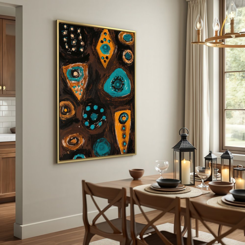 Abstract Canvas Print with geometric shapes in teal, orange, and brown. Modern wall art for a stylish interior.