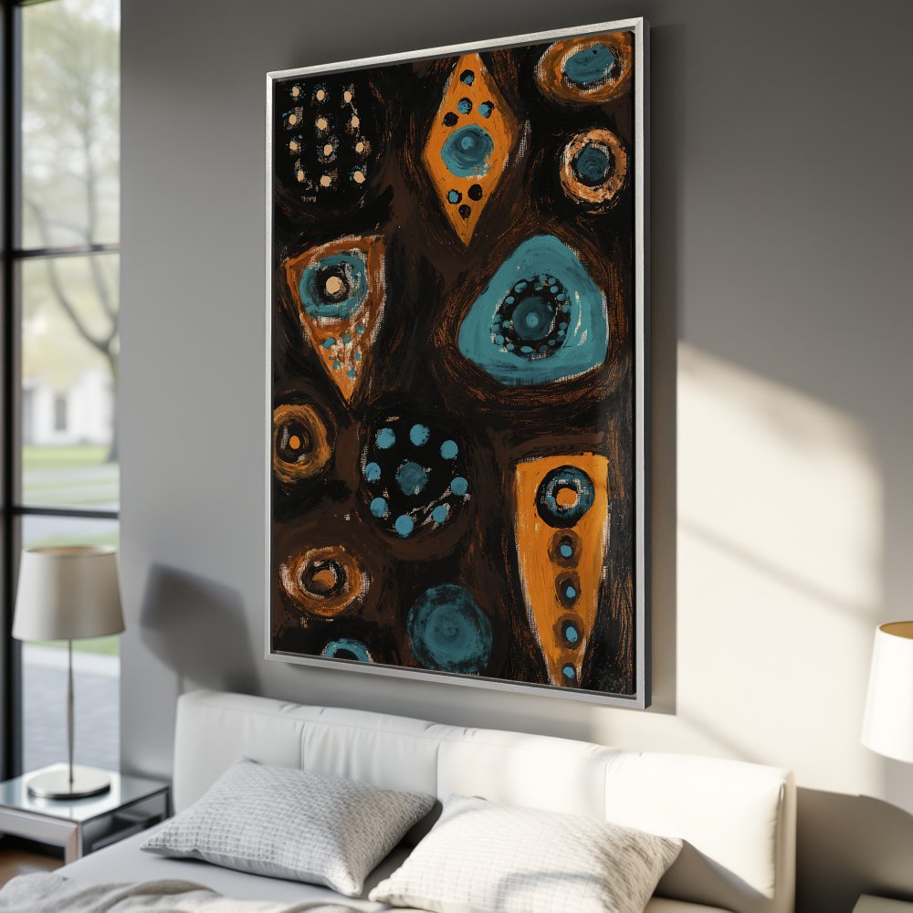 Framed Wall Art: Abstract geometric canvas print with teal, orange, and brown tones. Modern art for bedroom decor.