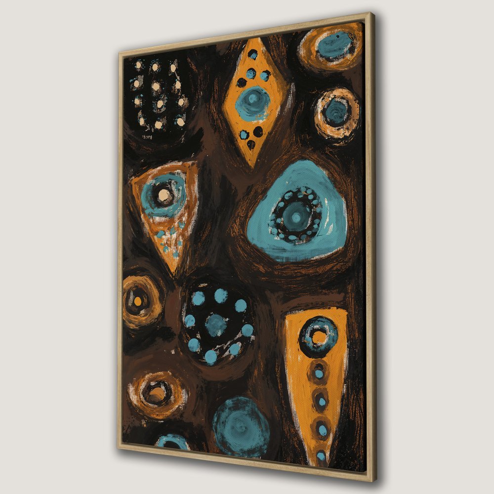 Framed Wall Art: Abstract art Canvas Print with geometric shapes in brown, teal, and gold. Perfect for modern home decor.