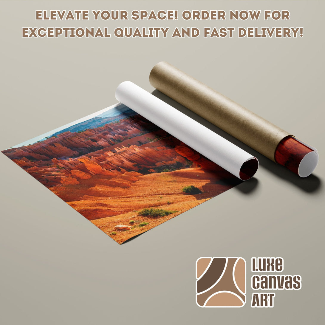 Poster Roll of a desert landscape art print. Warm orange and brown tones. Elevate your space!