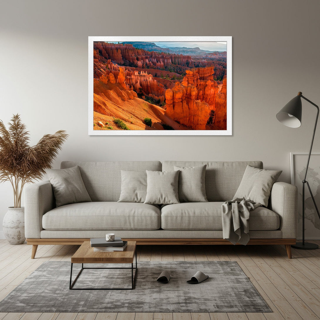 Framed Poster of Bryce Canyon landscape art. Warm orange and blue color palette, perfect for home decor.