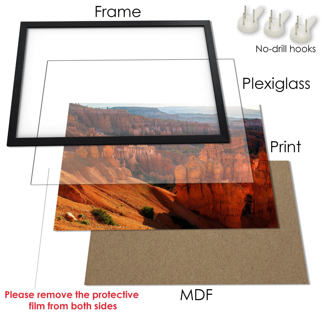 Framed Poster of a stunning desert landscape. Earthy tones of orange, red, and blue. Ready to hang art for your home.