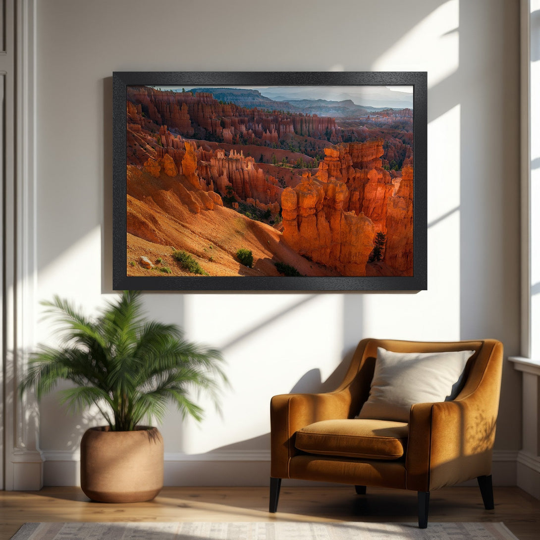 Framed Poster of Bryce Canyon landscape. Warm orange and red hues create a stunning natural art piece. Perfect for home decor.