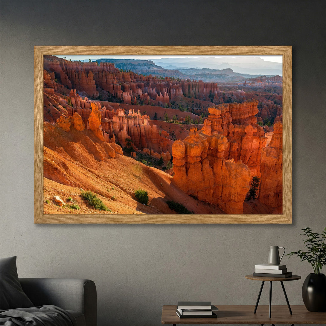 Framed Poster of Bryce Canyon landscape in warm orange and brown tones, perfect for adding a touch of nature to your home decor.