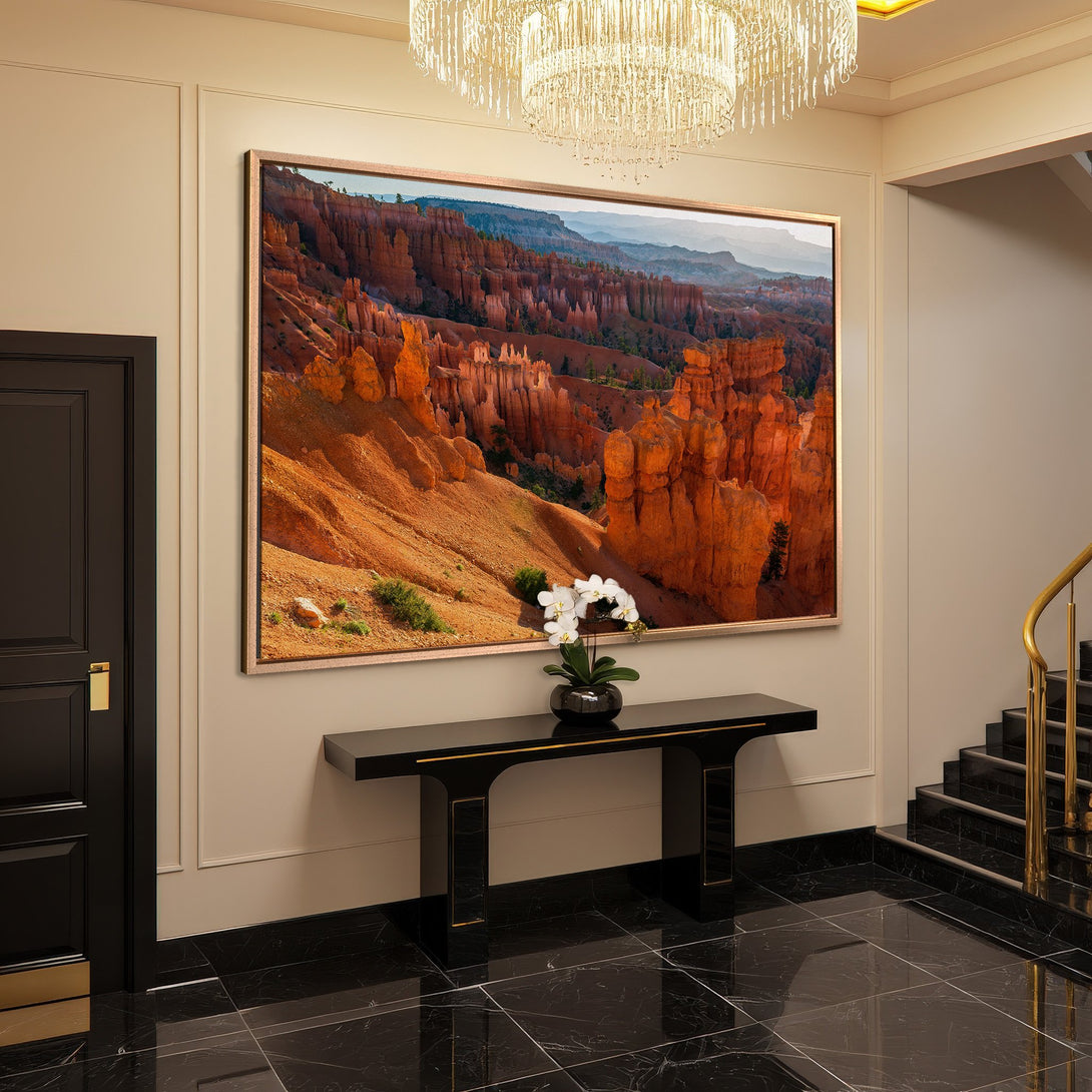 Framed Wall Art: Stunning Bryce Canyon landscape in warm orange tones. Elevate your space with this vibrant, nature-inspired Canvas Print.